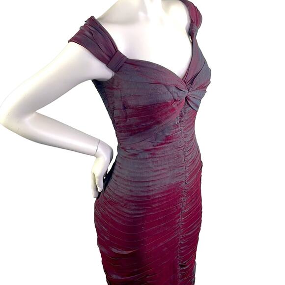 TADASHI Collection Wine & Teal Ruched Chiffon Cocktail Dress Off Shoulder Size 6 - Picture 2 of 16